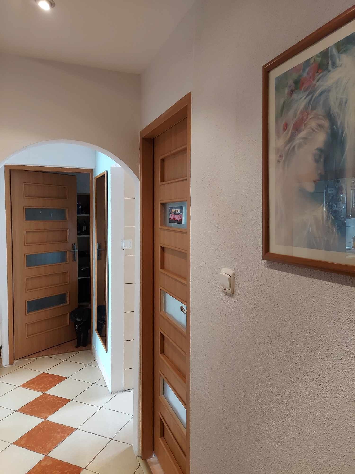 Korytarz z dwiema drewnianymi drzwiami z przeszkleniami, podłoga w biało-pomarańczową szachownicę, ściana z obrazem i włącznikiem światła.