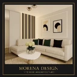 Wizualizacja salonu z narożną sofą, abstrakcyjnymi obrazami i dekoracyjną ścianą z lameli. Nowoczesny design wnętrza z neutralną paletą barw i subtelnym oświetleniem.