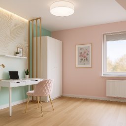 Morena Design - Pokój z biurkiem, laptopem, różowym krzesłem i szafą. Ściany w kolorach pastelowych, dekoracyjne tapety i złote akcenty. Nowoczesne oświetlenie sufitowe.