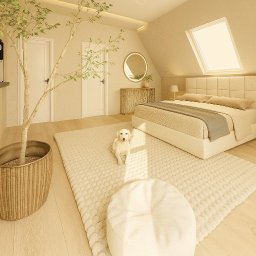 Morena Design - Jasna sypialnia na poddaszu z oknem dachowym, beżowym dywanem, rośliną w plecionym koszu i białym psem siedzącym na dywanie. Przytulne i ciepłe wnętrze.