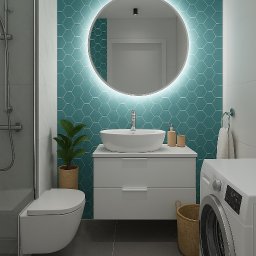 Morena Design - Nowoczesna łazienka z turkusową ścianą w heksagony, okrągłym lustrem z podświetleniem LED, białą umywalką i pralką. Minimalistyczny design, szare płytki podłogowe.