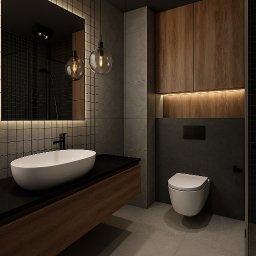 Morena Design - Nowoczesna łazienka z owalną umywalką nablatową, podświetlanym lustrem i wiszącą toaletą. Minimalistyczny design w odcieniach szarości i drewna.