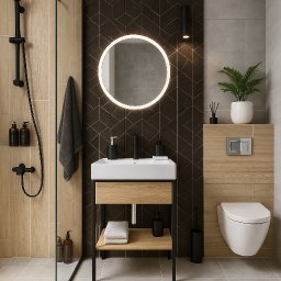 Morena Design - Nowoczesna łazienka z podświetlanym lustrem, czarną armaturą i geometrycznym wzorem na ścianie. Jasne drewno łączy się z szarością płytek.