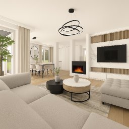 Morena Design - Jasne wnętrze salonu z jadalnią, minimalistyczny design. Widoczny narożnik, stoliki kawowe, kominek i telewizor na tle drewnianej ściany. Okrągła lampa sufitowa.