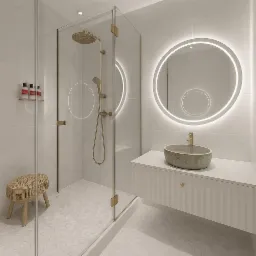 Jasna łazienka z kabiną prysznicową typu walk-in, okrągłym lustrem z podświetleniem LED i umywalką z szarego kamienia. Minimalistyczny design.