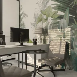 Wizualizacja nowoczesnego biura z biurkiem, krzesłami, lampą i ścianą z motywem roślinnym, oświetlonego promieniami słonecznymi padającymi przez żaluzje.