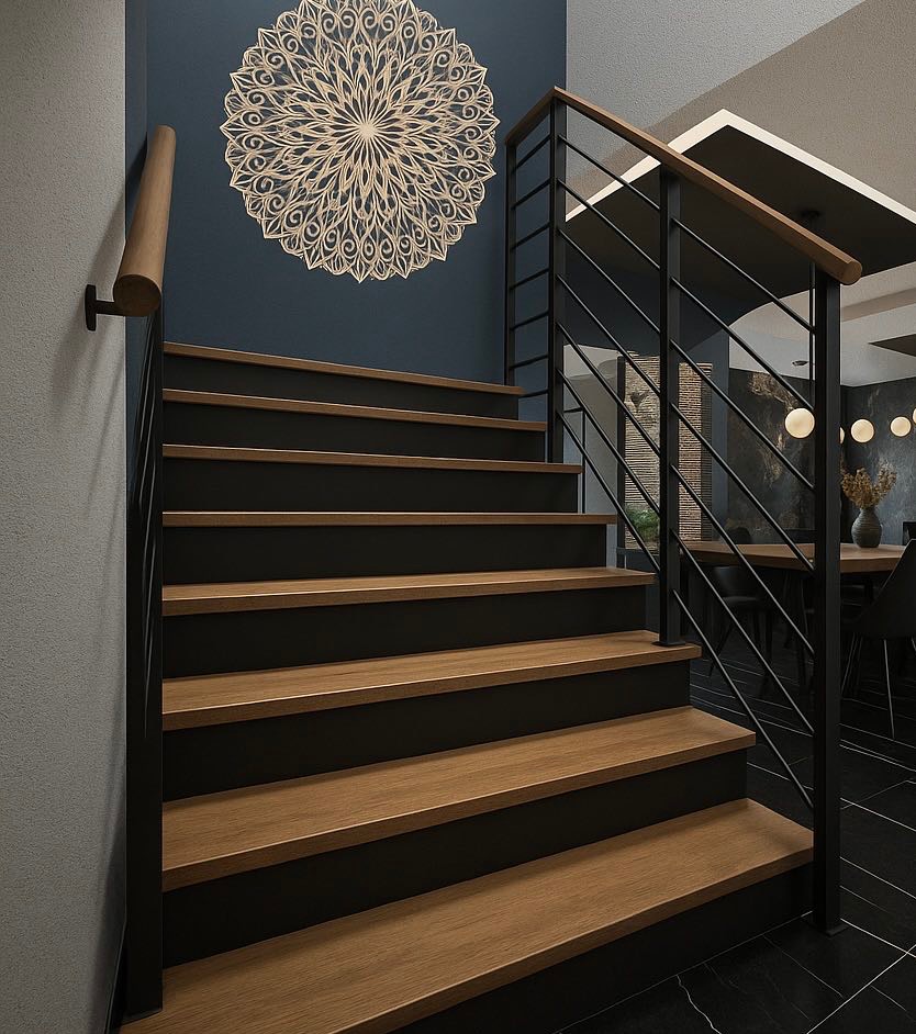 Nowoczesne schody z drewnianymi stopniami i czarną balustradą. Na ścianie dekoracyjna mandala. Minimalistyczny design wnętrza z elementami drewna i czerni.