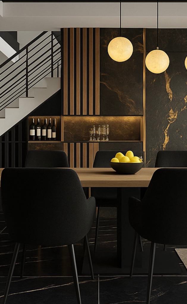 Nowoczesna jadalnia z drewnianym stołem, czarnymi krzesłami i marmurową ścianą. Na stole misa z cytrynami. Schody z czarną balustradą w tle.