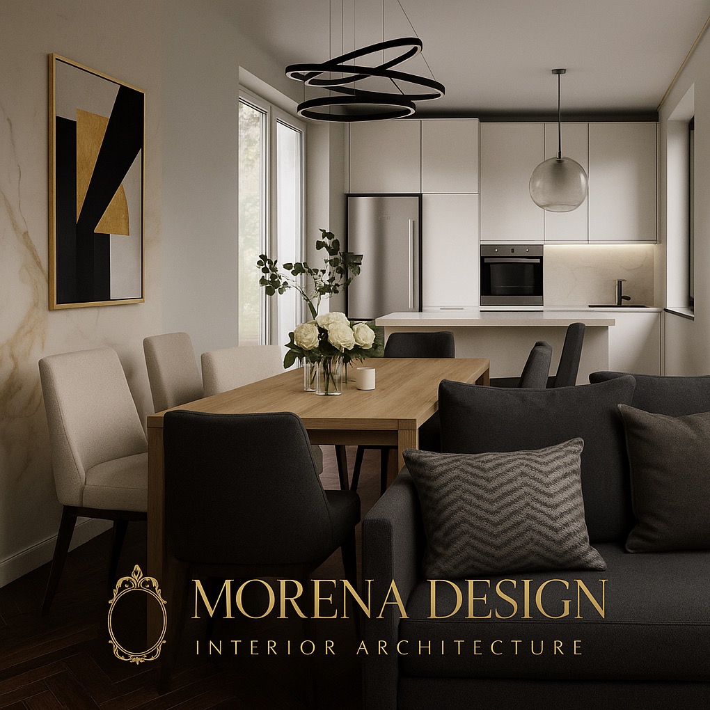 Eleganckie wnętrze: jadalnia z drewnianym stołem i krzesłami w odcieniach szarości, połączona z jasną kuchnią. Nad stołem nowoczesna lampa, na ścianie abstrakcyjny obraz.