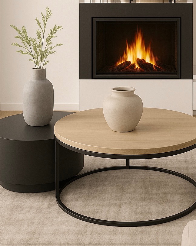 Stylowy salon z okrągłymi stolikami kawowymi, wazonami i kominkiem. Minimalistyczny design, ciepłe światło ognia. Jasna kolorystyka ścian i podłogi.