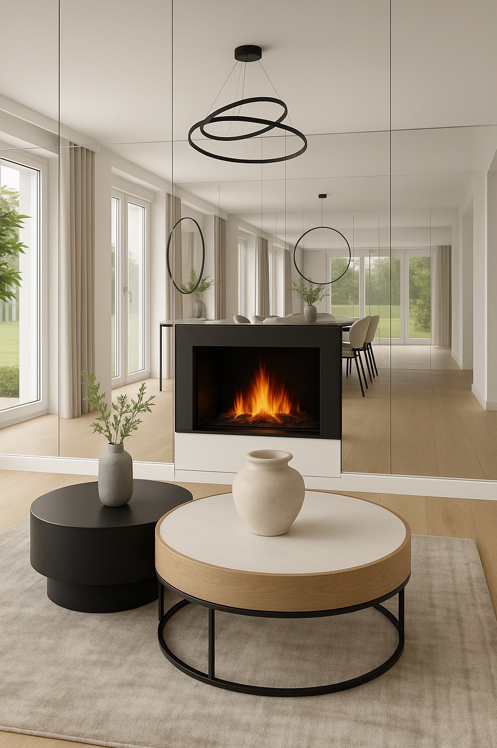 Elegancki salon z kominkiem elektrycznym i lustrzaną ścianą. Dwa okrągłe stoliki kawowe z dekoracyjnymi wazonami. Minimalistyczny design, jasne kolory, naturalne światło.
