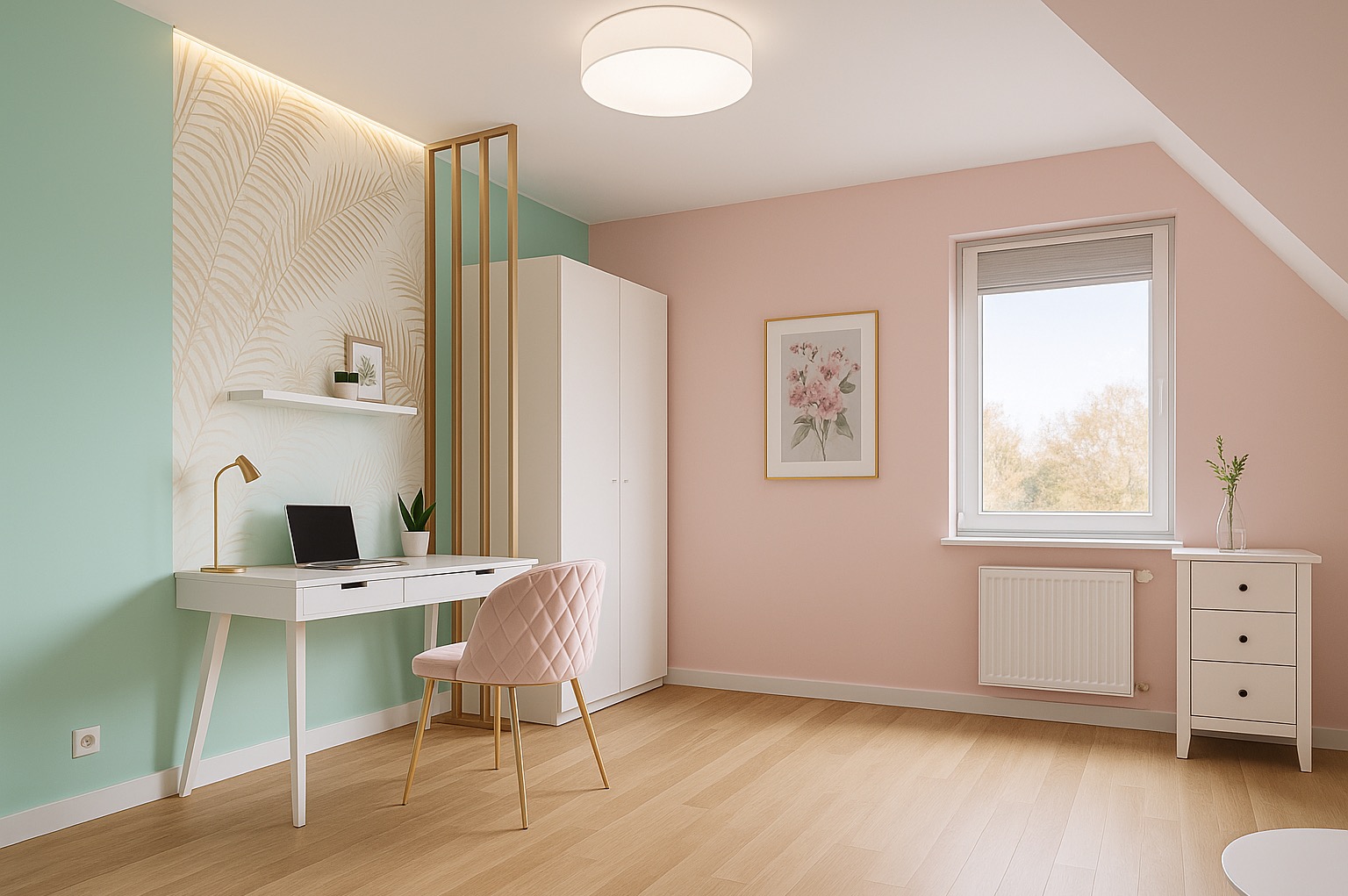Pokój z biurkiem, laptopem, różowym krzesłem i szafą. Ściany w kolorach pastelowych, dekoracyjne tapety i złote akcenty. Nowoczesne oświetlenie sufitowe.