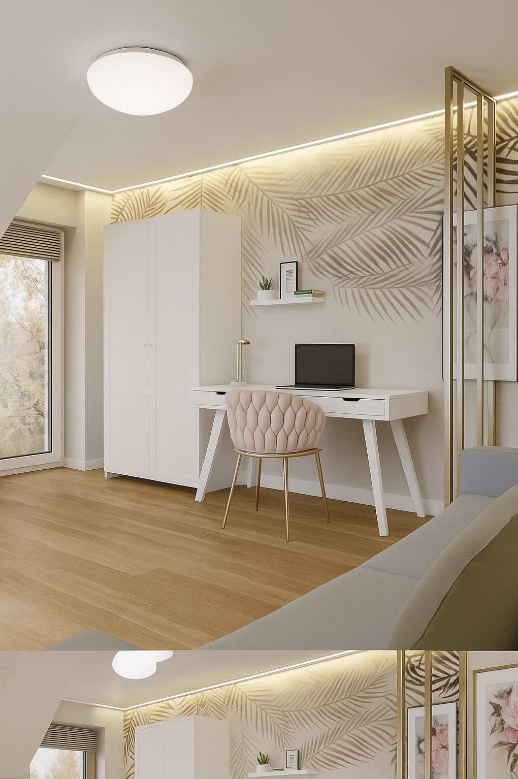 Jasny pokój z biurkiem, krzesłem i szafą. Na ścianie tapeta w palmy, oświetlenie LED. Minimalistyczny design, naturalne światło z okna.