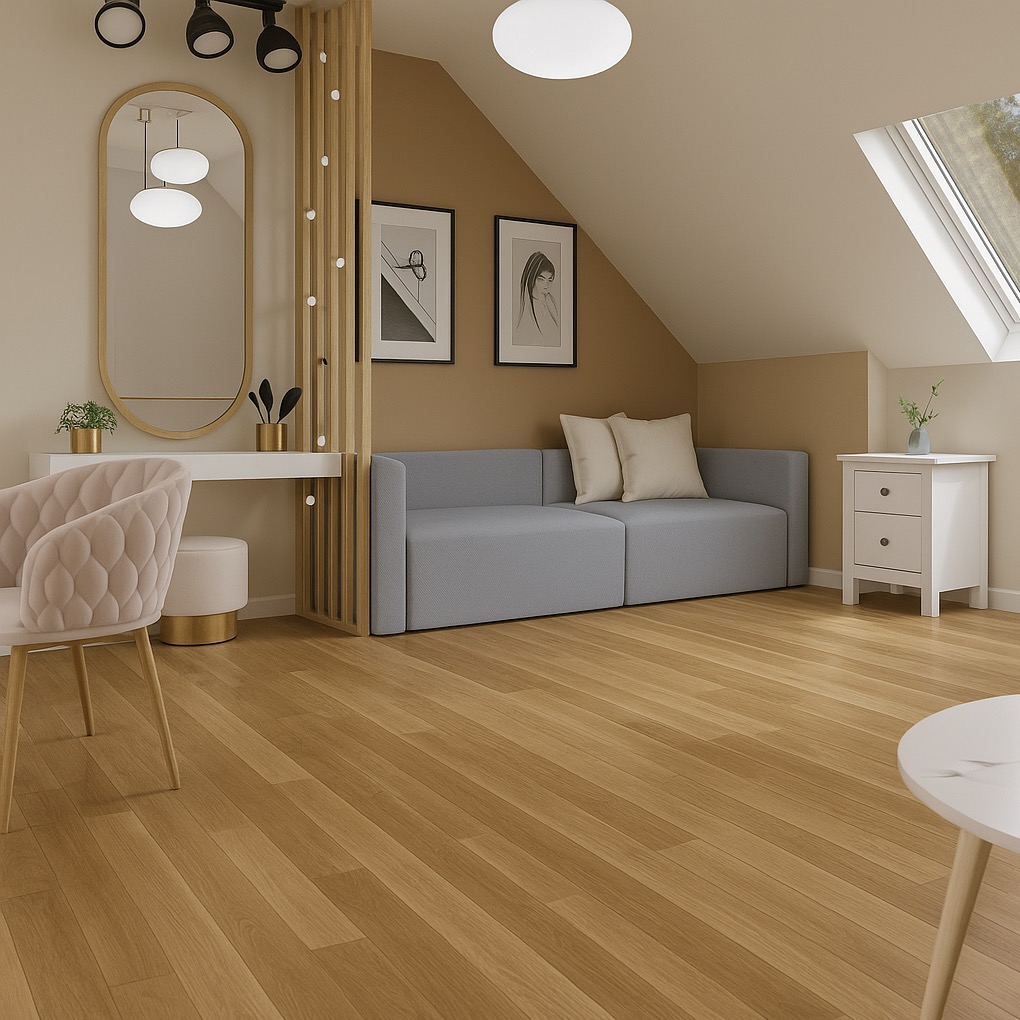 Jasne wnętrze poddasza ze skośnym oknem: szara sofa, toaletka z lustrem, pudrowy fotel i drewniana podłoga. Uzupełniają je grafiki na ścianie i biała szafka nocna.