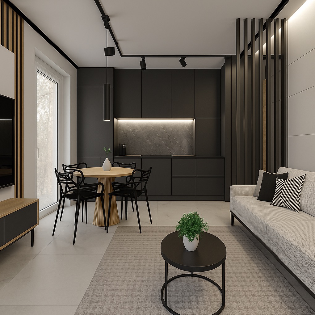 Nowoczesna aranżacja wnętrza: czarna zabudowa kuchenna, okrągły stół z krzesłami, szara sofa z poduszkami, drewniane lamele dekoracyjne i oświetlenie punktowe.