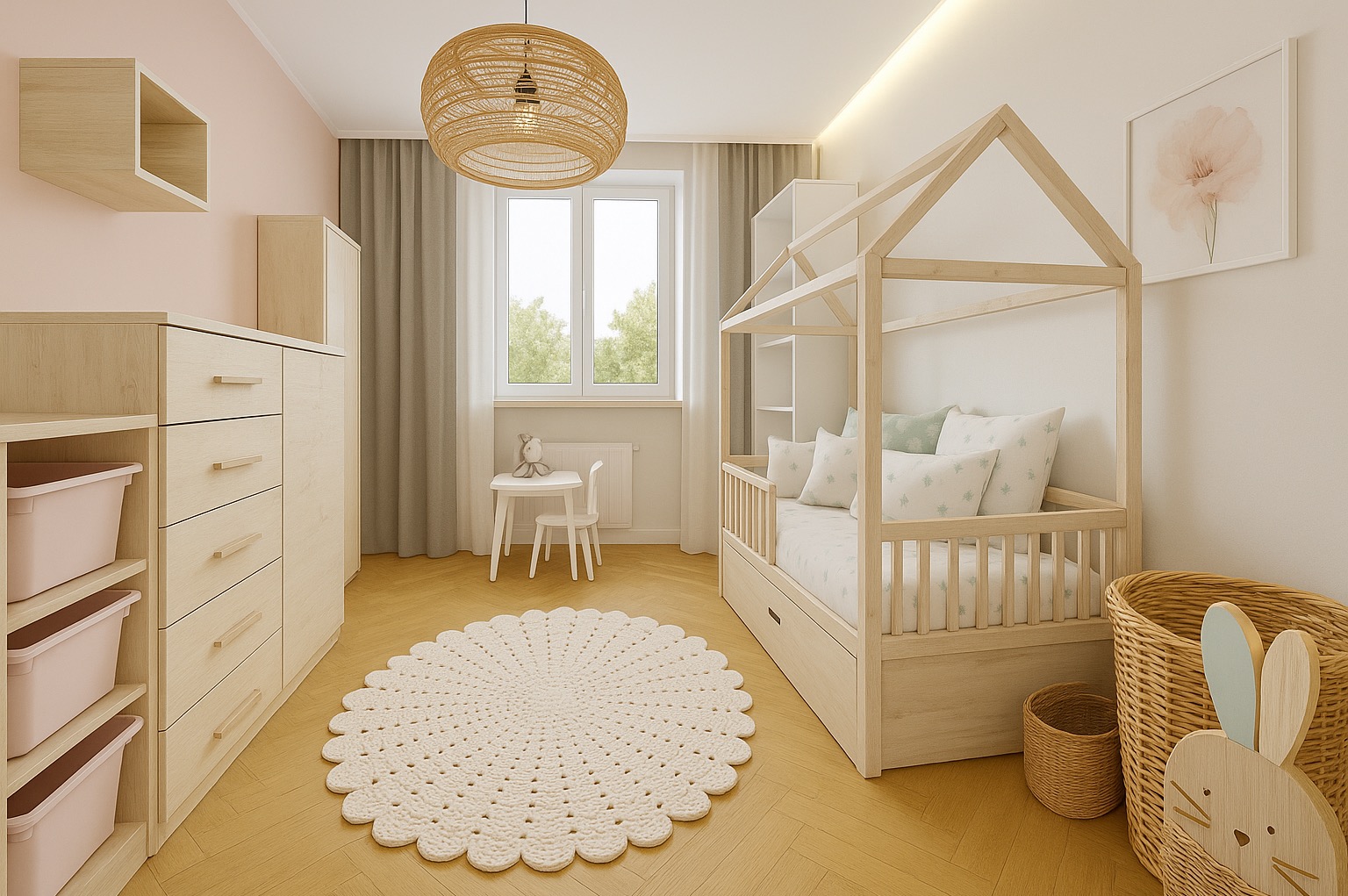 Jasny pokój dziecięcy z drewnianym łóżkiem w kształcie domku, okrągłym dywanem i meblami z jasnego drewna. Uwagę przykuwa lampa z naturalnego materiału.