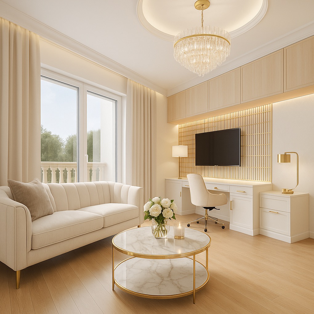 Elegancki salon z sofą w odcieniach beżu, okrągłym stolikiem z marmurowym blatem i biurkiem z krzesłem. Nad biurkiem telewizor i dekoracyjne oświetlenie.
