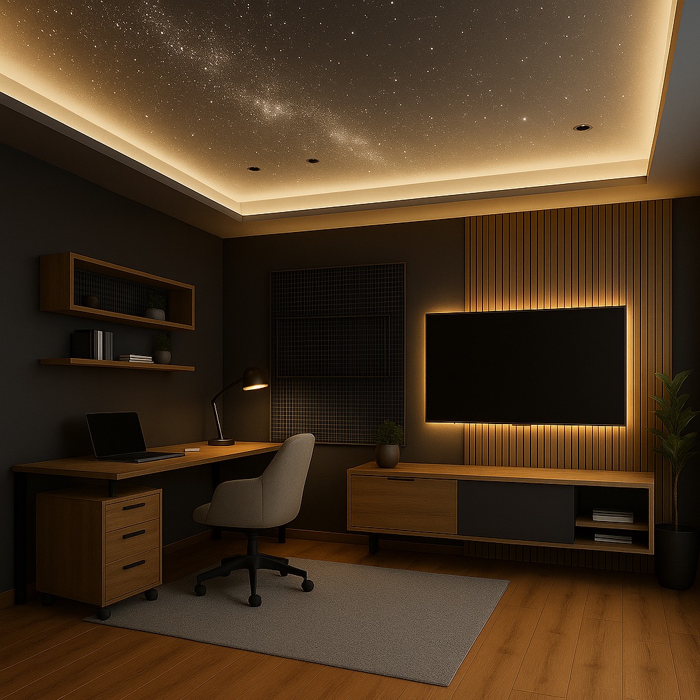 Nowoczesny gabinet z biurkiem, krzesłem i podświetlanym sufitem imitującym gwiazdy. Minimalistyczny design, drewniane akcenty i stonowana kolorystyka.