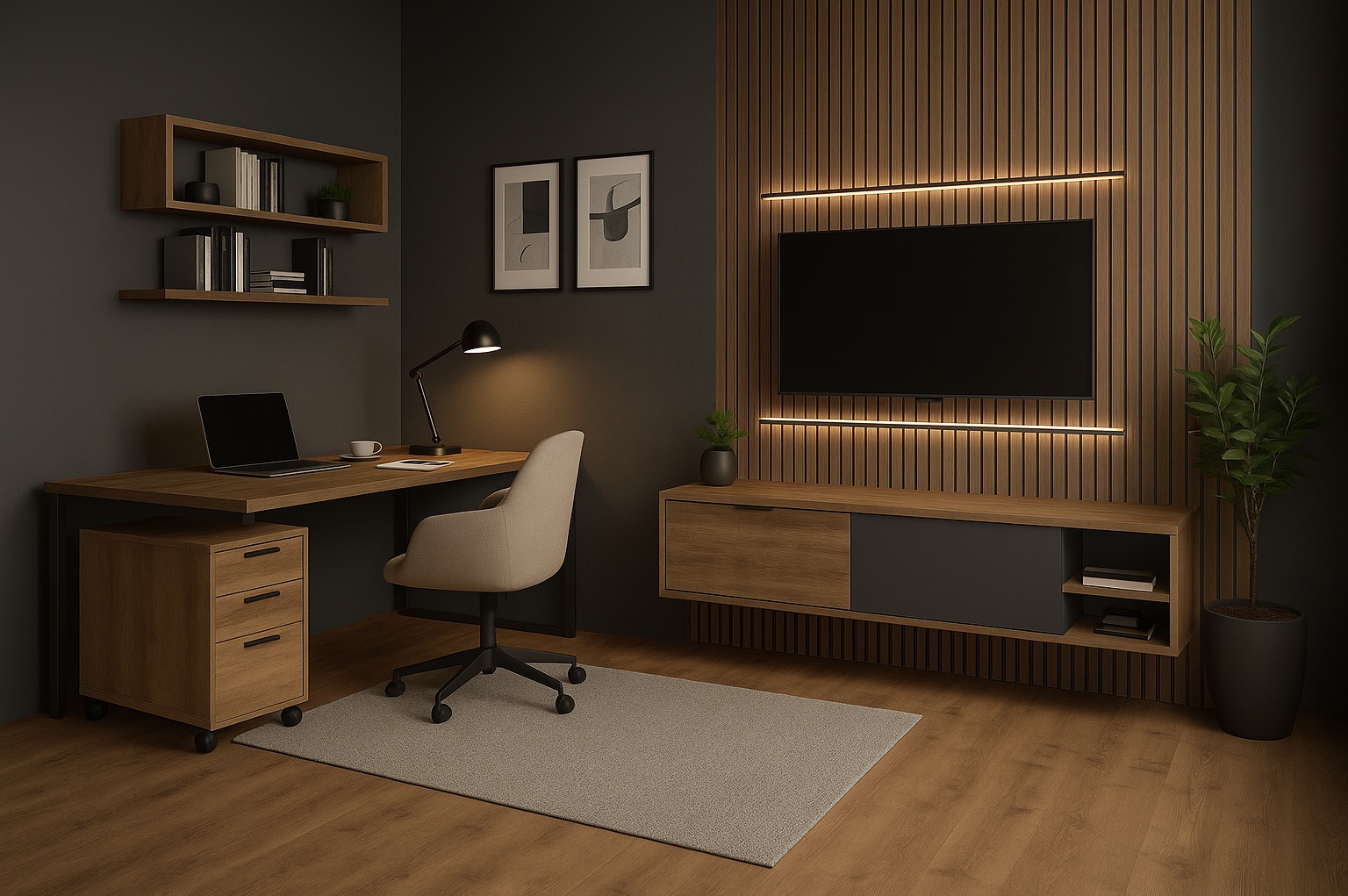 Stylowe biuro domowe z drewnianym biurkiem, krzesłem na kółkach i ścianą z lameli z podświetleniem LED. Minimalistyczny design, ciepłe oświetlenie i rośliny doniczkowe.