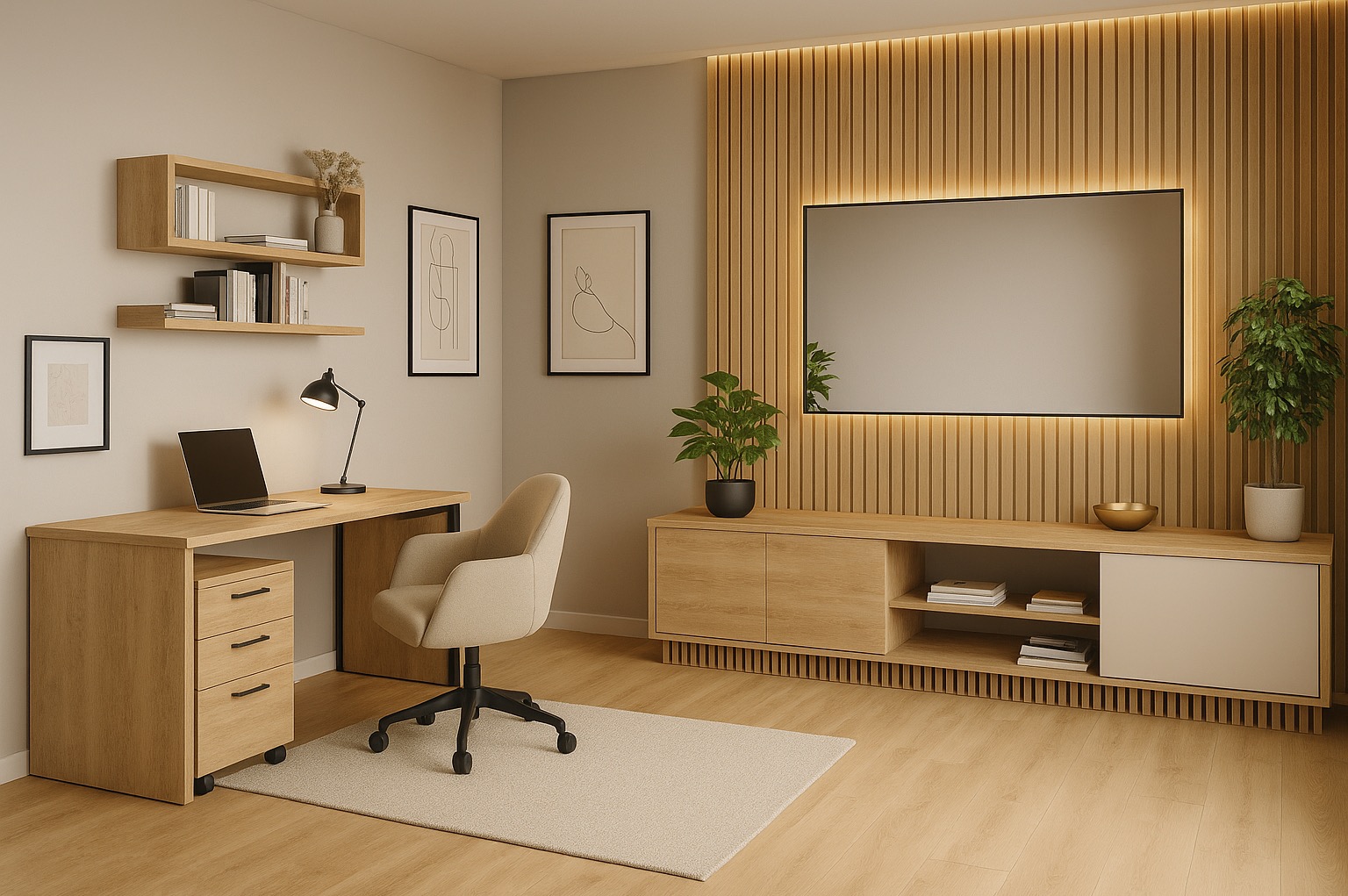 Nowoczesny gabinet z biurkiem, krzesłem na kółkach i podświetlaną ścianą z lameli. Na ścianie wiszą minimalistyczne obrazy i półki.