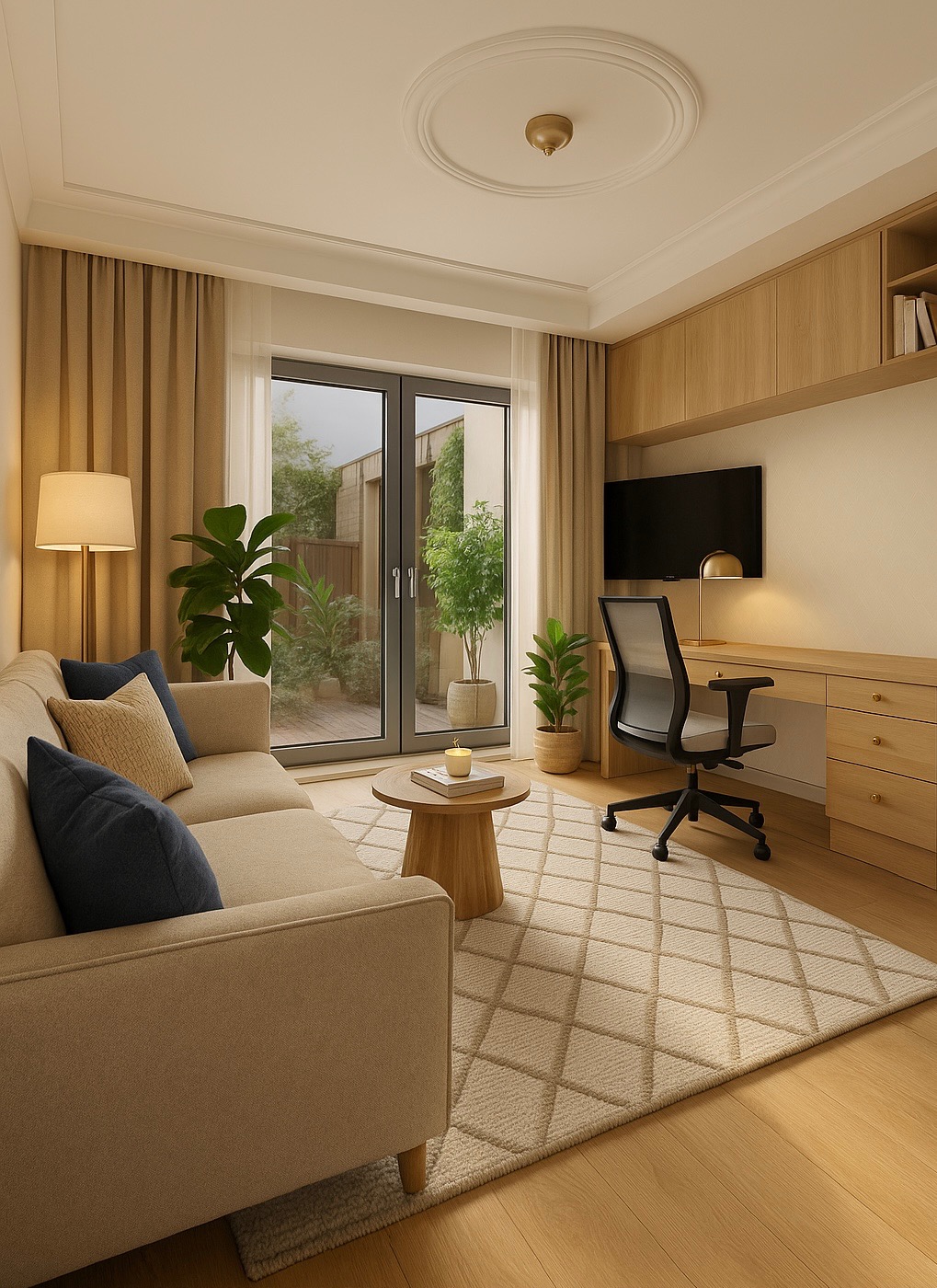 Jasne wnętrze z beżową sofą, biurkiem i roślinami doniczkowymi. Duże okno z widokiem na ogród. Minimalistyczny design, ciepłe oświetlenie i dywan w romby.