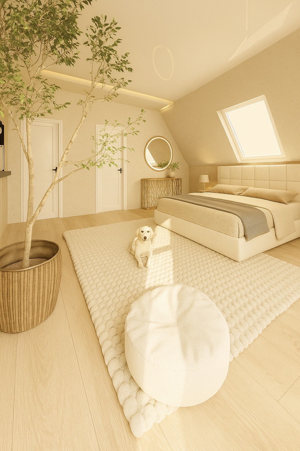 Jasna sypialnia na poddaszu z oknem dachowym, beżowym dywanem, rośliną w plecionym koszu i białym psem siedzącym na dywanie. Przytulne i ciepłe wnętrze.