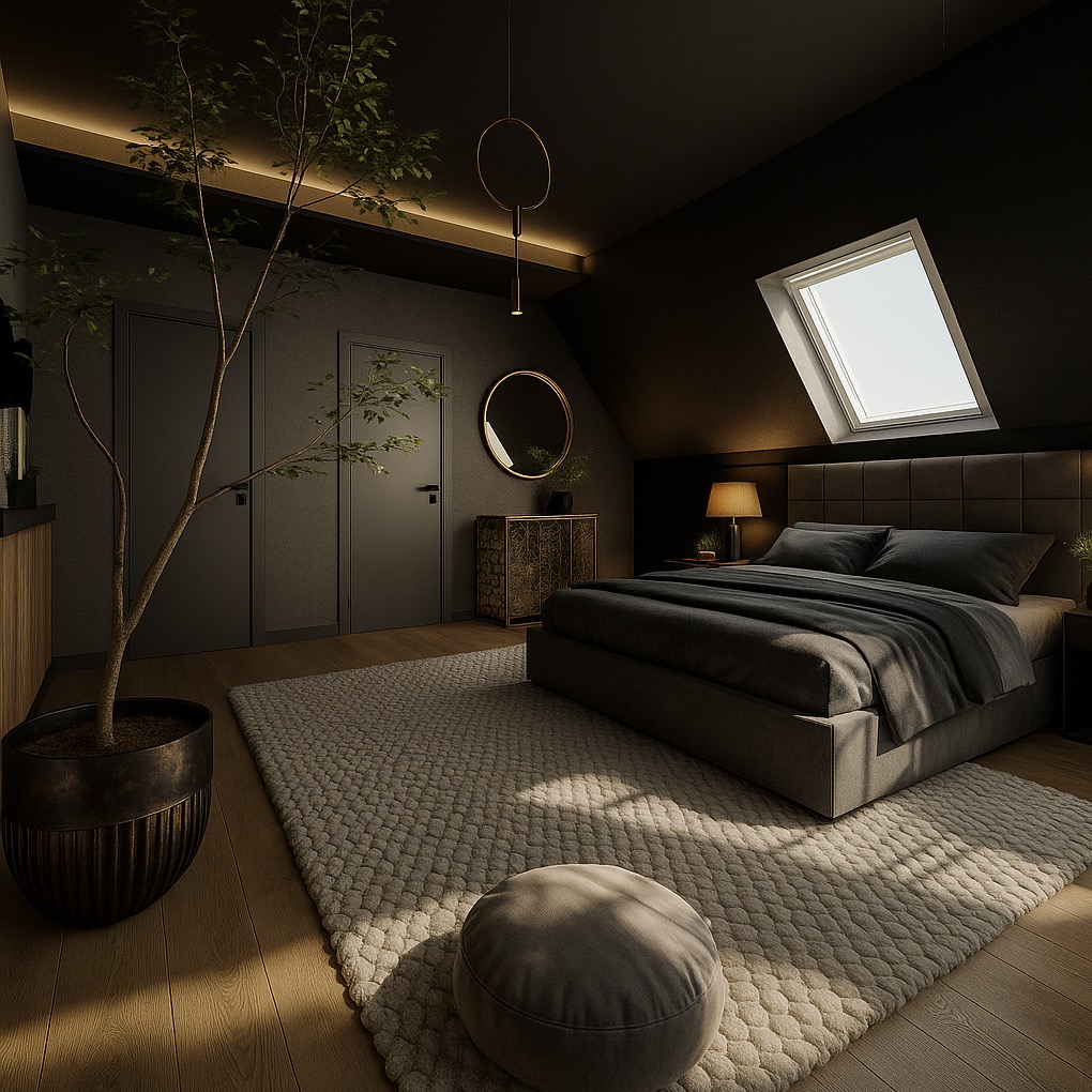 Stylowa sypialnia na poddaszu w Siedlcach z oknem dachowym, szarym łóżkiem i puszystym dywanem. W rogu stoi duża donica z drzewkiem, a na ścianie wisi okrągłe lustro.