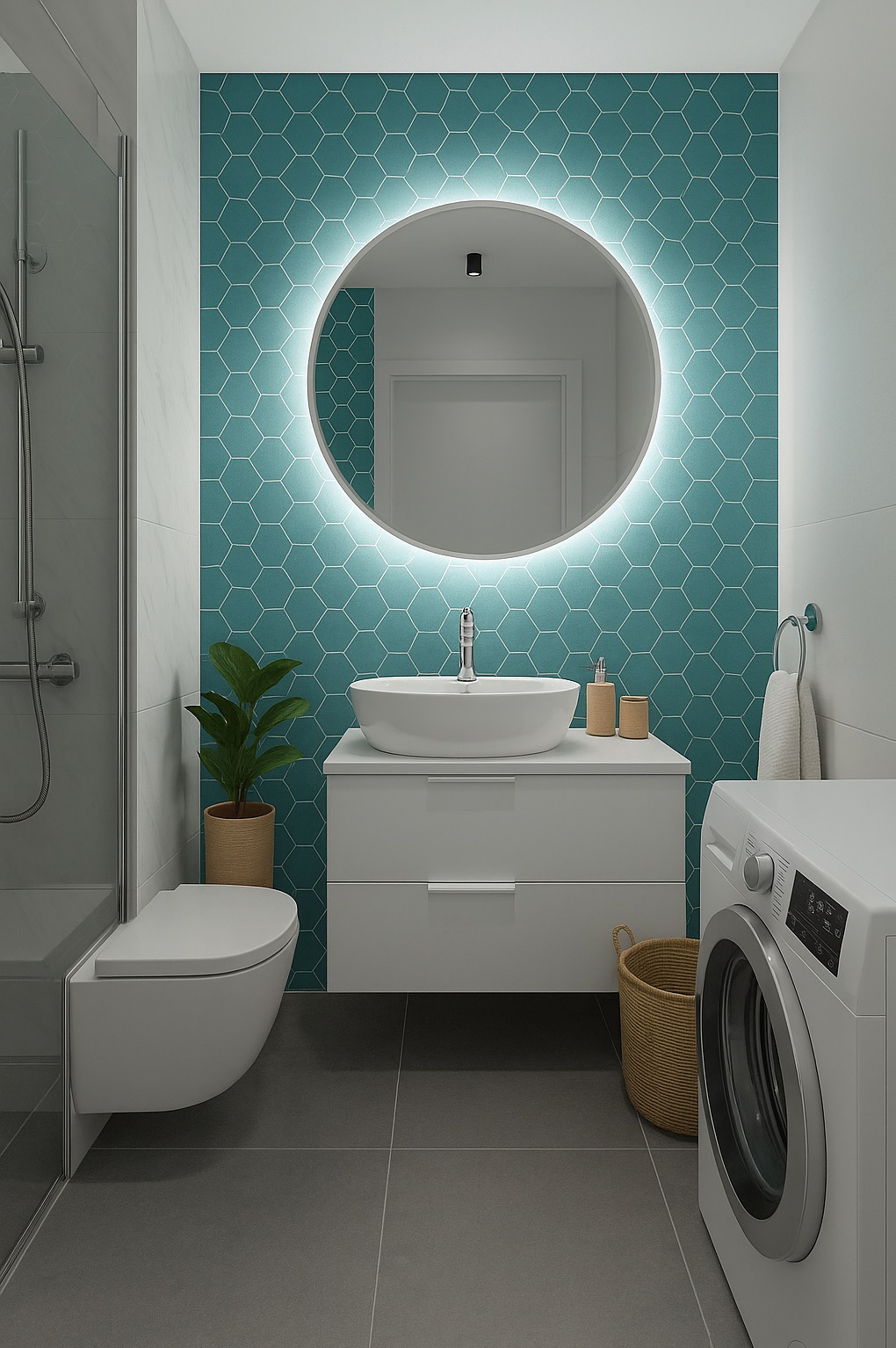 Nowoczesna łazienka z turkusową ścianą w heksagony, okrągłym lustrem z podświetleniem LED, białą umywalką i pralką. Minimalistyczny design, szare płytki podłogowe.