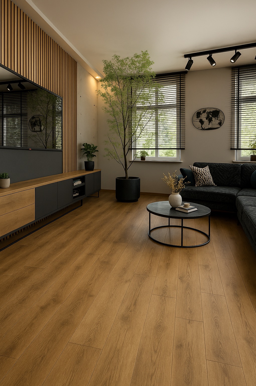 Nowoczesny salon z drewnianą podłogą, ciemnoszarą sofą narożną i stolikiem kawowym. Na ścianie telewizor i drewniane lamele. W oknie roślina w czarnej donicy.