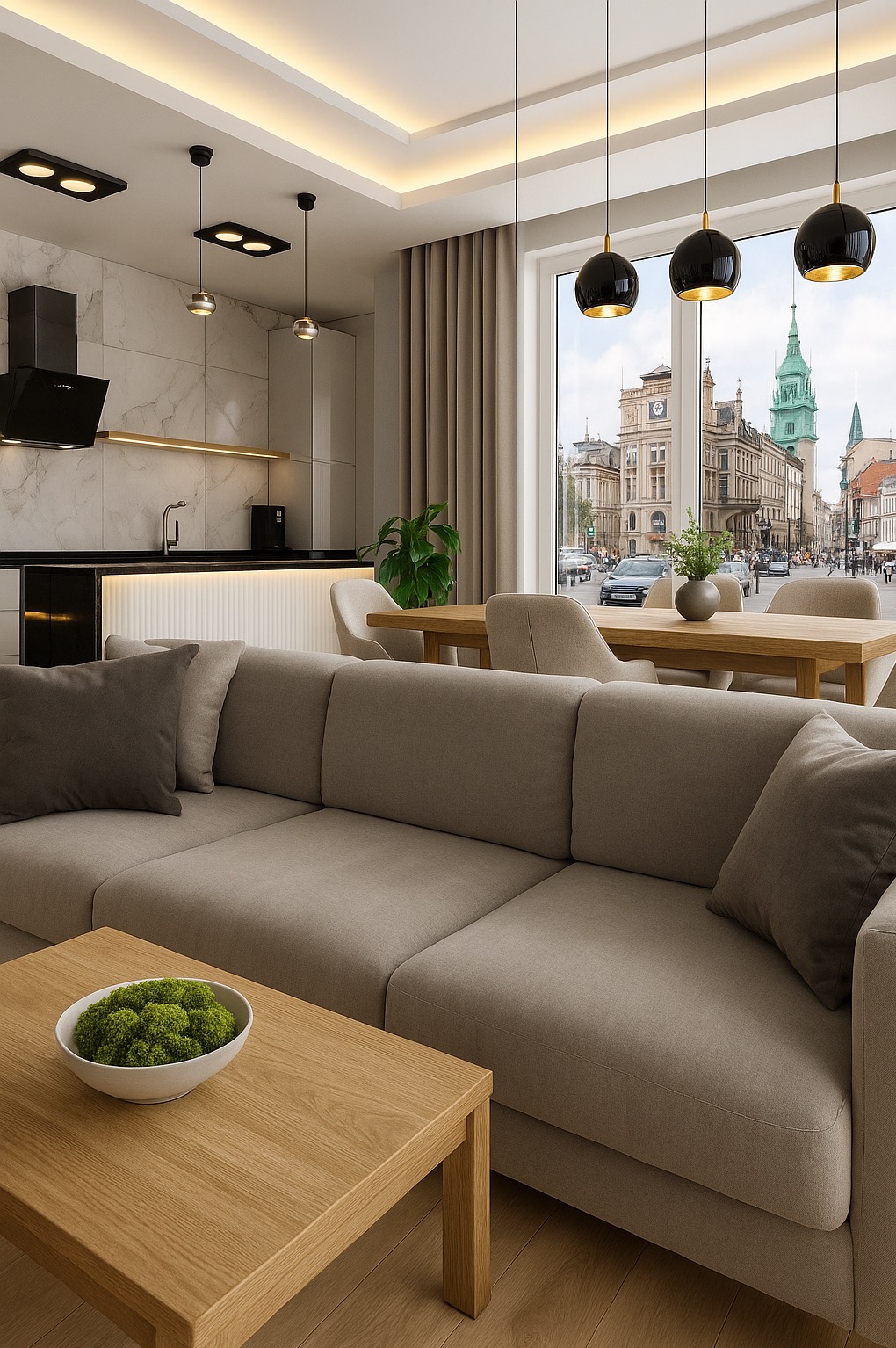 Jasne, nowoczesne wnętrze mieszkania z widokiem na miasto. Beżowa sofa, drewniany stolik kawowy z rośliną, jadalnia i kuchnia w tle. Minimalistyczne oświetlenie.