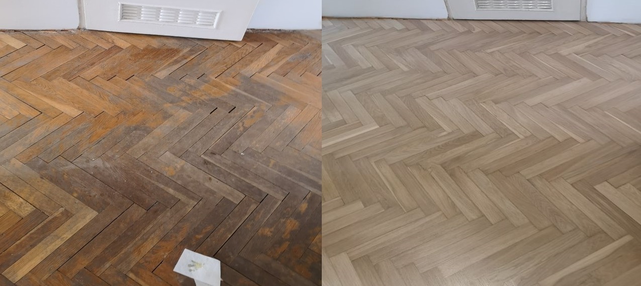 Parkiet ułożony w jodełkę, widok przed i po renowacji: po lewej stronie stara, zniszczona powierzchnia, po prawej odnowiona, jasna i gładka podłoga.