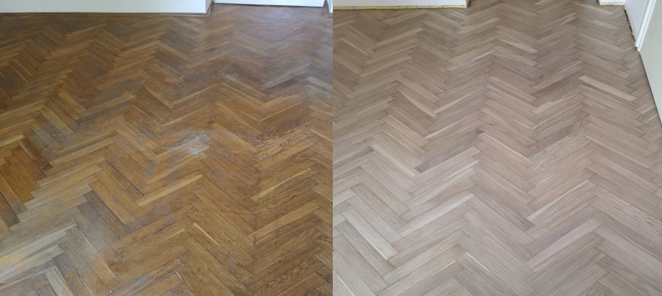 Porównanie fragmentu podłogi parkietowej przed i po renowacji: stara, zniszczona powierzchnia kontra odnowiona, jasna i gładka podłoga ułożona w jodełkę.