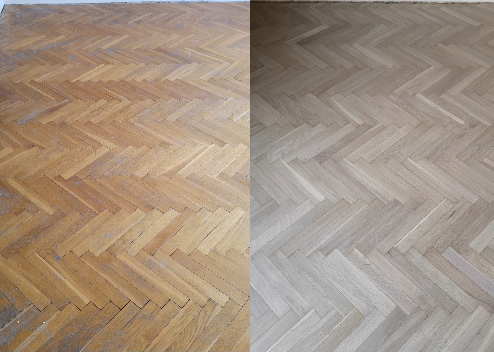 Porównanie: Część parkietu przed (żółtawy odcień) i po cyklinowaniu (jasnoszary odcień), wzór jodełka klasyczna.