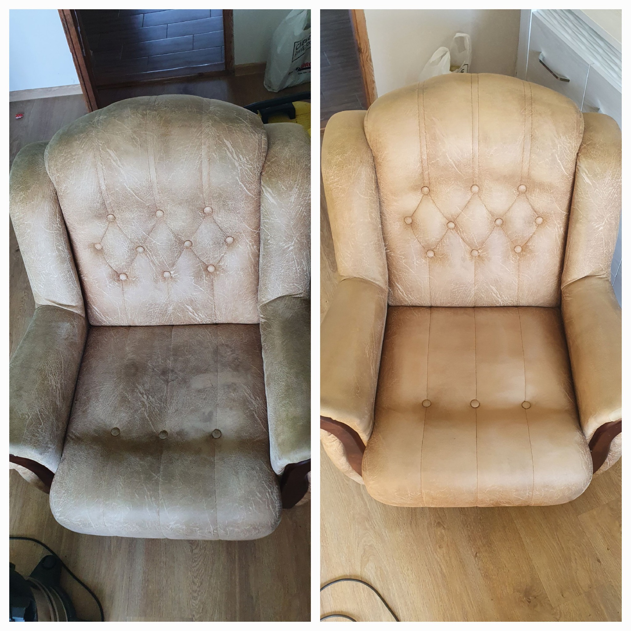 Porównanie fotela tapicerowanego przed i po czyszczeniu w Jarząbkowicach, widoczne wyraźne różnice w kolorze i czystości tapicerki.