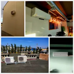 Zestawienie zdjęć klimatyzatorów: klimatyzator zamontowany na elewacji budynku, klimatyzator w folii ochronnej w lokalu, dwa klimatyzatory na dachu z widokiem na port oraz klimatyzator na ścianie...