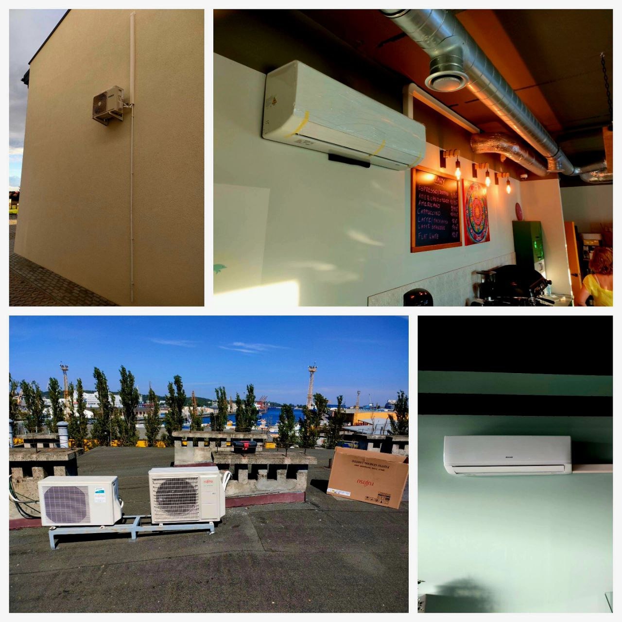 Zestawienie zdjęć klimatyzatorów: klimatyzator zamontowany na elewacji budynku, klimatyzator w folii ochronnej w lokalu, dwa klimatyzatory na dachu z widokiem na port oraz klimatyzator na ścianie...