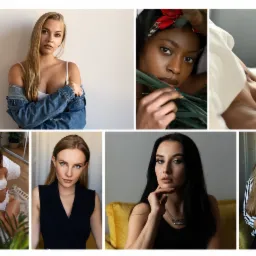 Kolaż portretów kobiet o różnej karnacji i stylizacjach, w tym blondynka z białym szalem, brunetka z liśćmi i kobieta w dżinsowej kurtce.