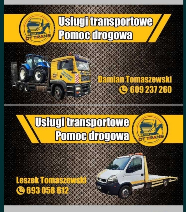 Grafika reklamowa usług transportowych i pomocy drogowej z lawetą przewożącą traktor oraz lawetą z białym vanem, prezentująca dane kontaktowe firm.