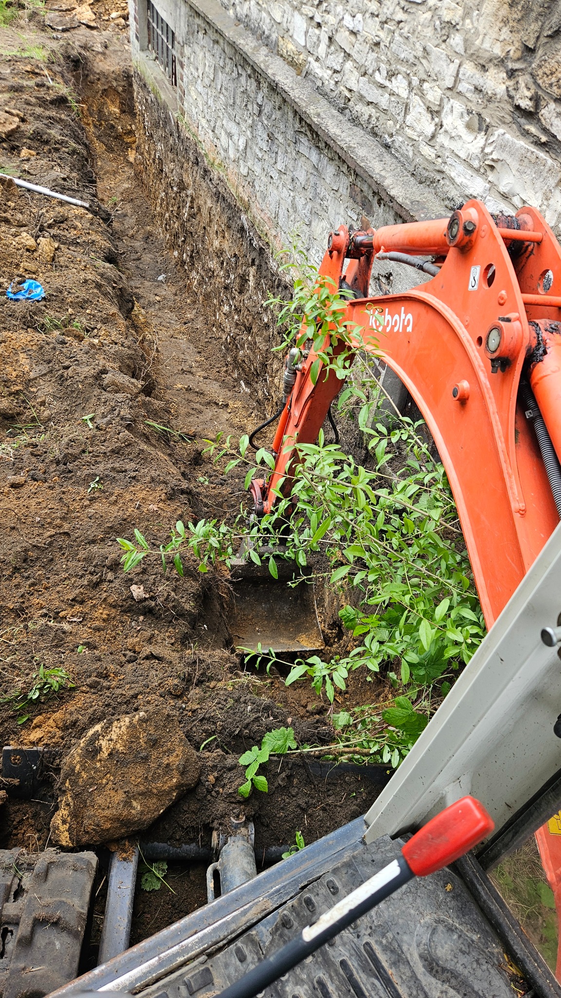 Pomarańczowa koparka Kubota częściowo zasłonięta roślinnością, w trakcie wykopu wąskiego rowu wzdłuż kamiennego muru. Widoczny fragment podwozia i łyżki koparki.