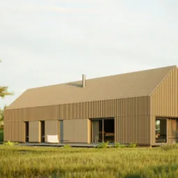 Wizualizacja nowoczesnego domu jednorodzinnego z drewnianą elewacją wertykalną, na tle zielonego trawnika i drzew, z widocznym kominem i minimalistycznym designem.