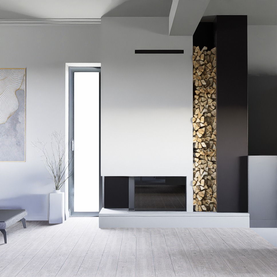 Minimalistyczny salon z kominkiem obudowanym białym panelem i czarną wnęką na drewno, jasne drewniane podłogi, abstrakcyjny obraz na ścianie, biały wazon z suchymi gałązkami.