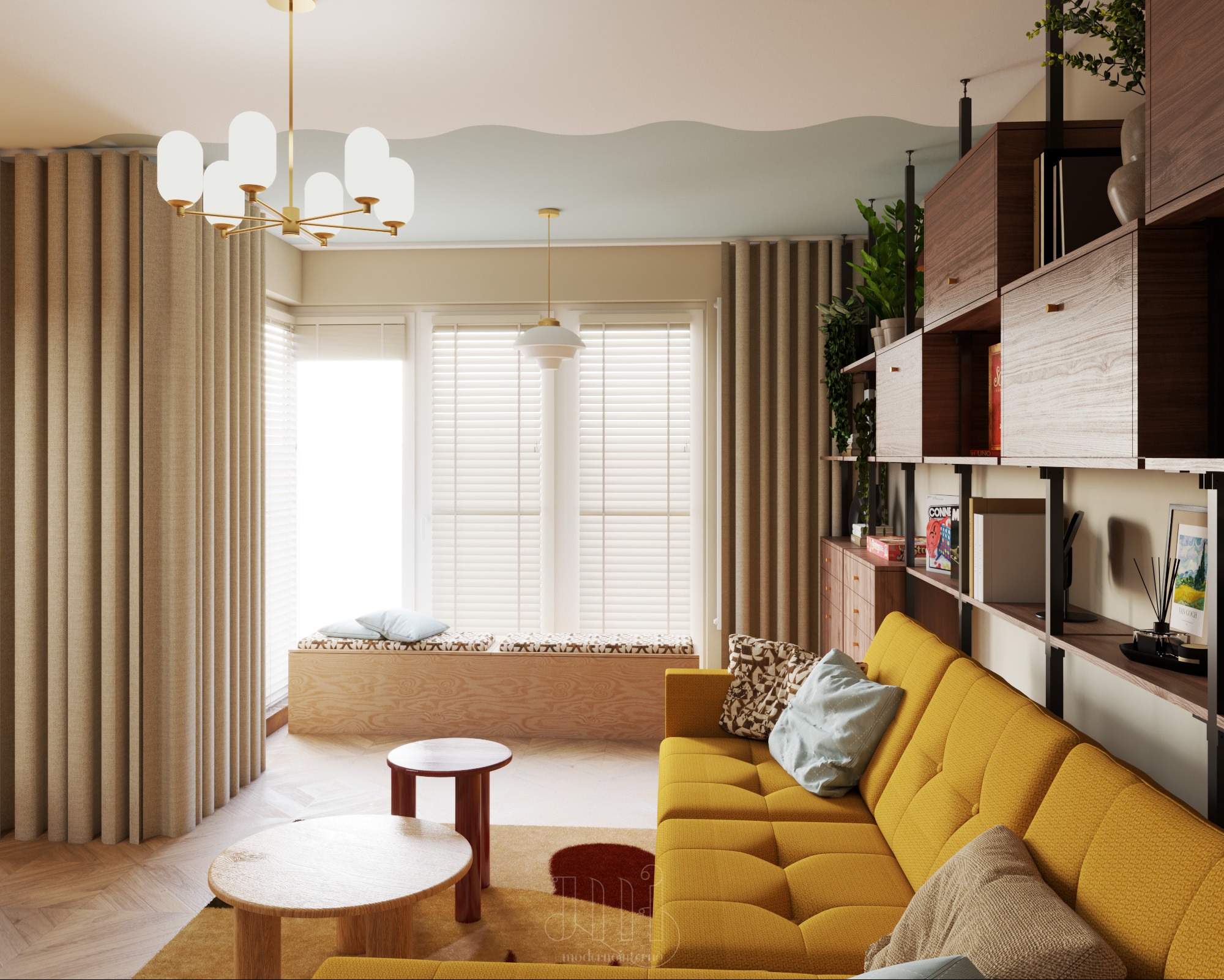 Jasne wnętrze salonu z żółtą sofą, drewnianymi regałami i oknem z siedziskiem. Uwagę przykuwa falisty sufit i designerski żyrandol.