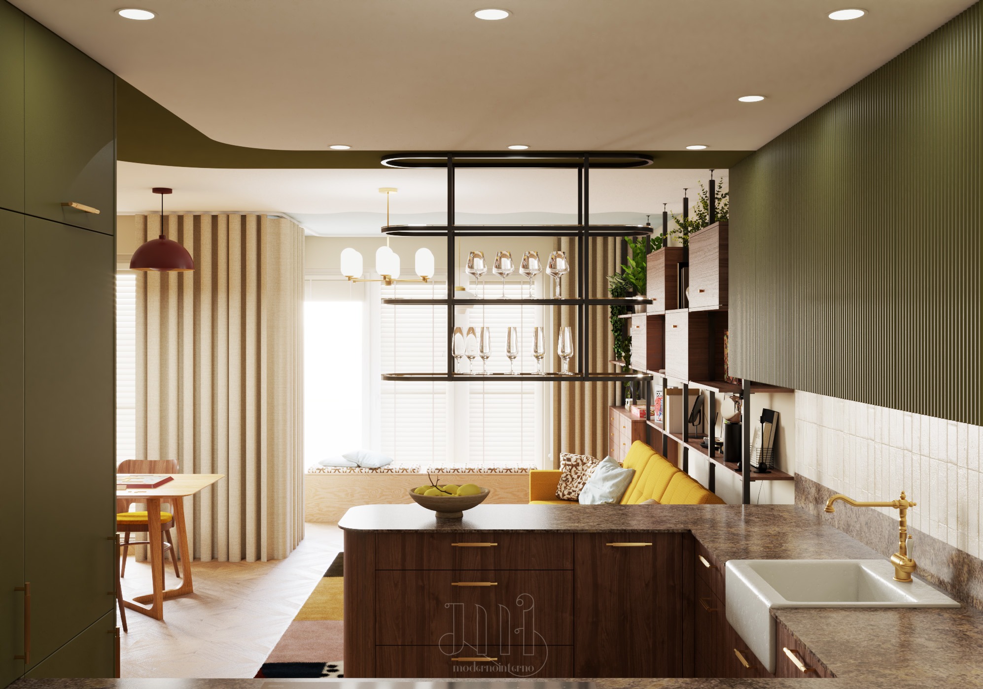 Wnętrze kuchni w stylu nowoczesnym: drewniana wyspa z owocami, złota armatura, zielone szafki, oraz regał z roślinami i książkami. Światło dzienne wpada przez okno.