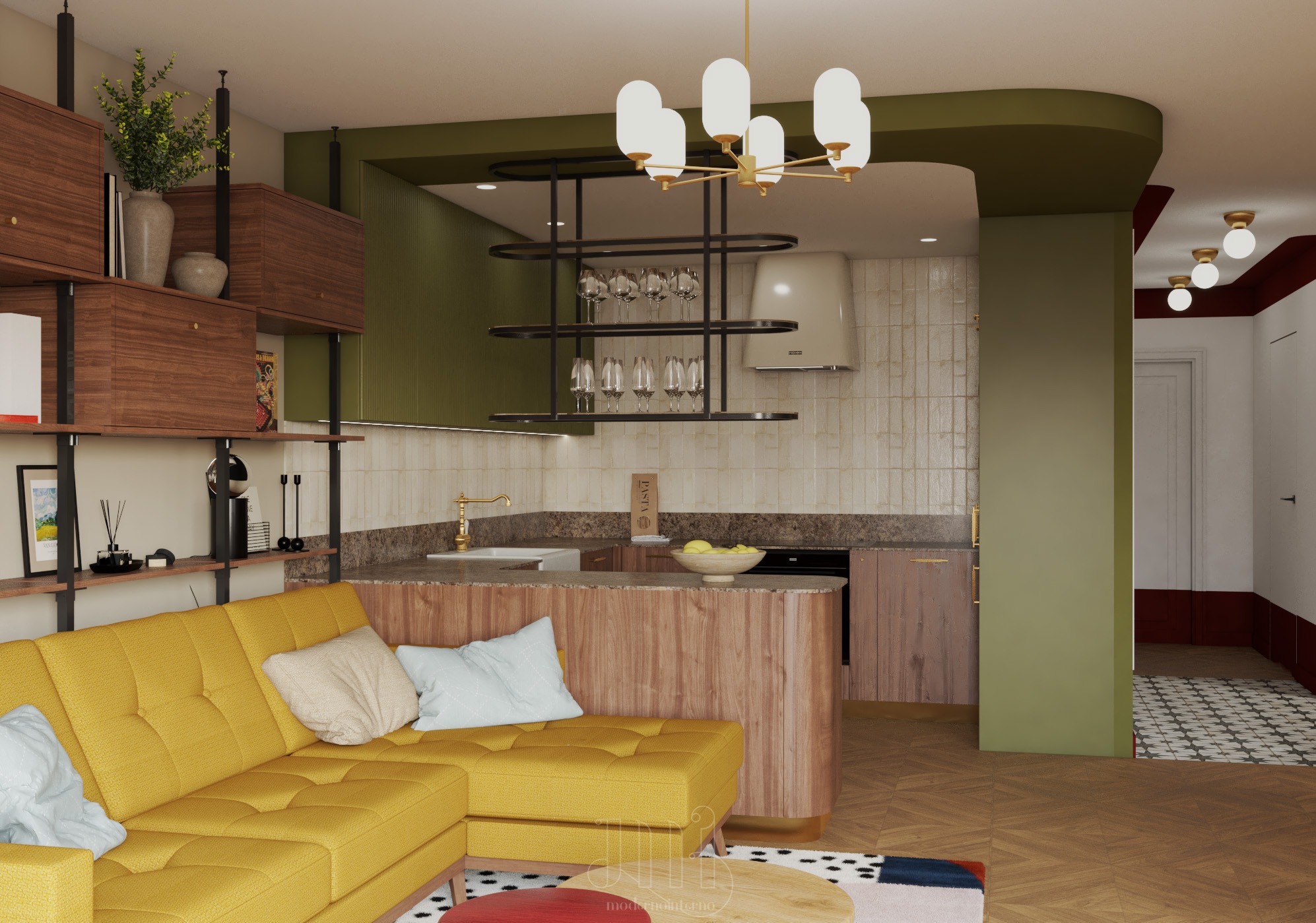 Stylowe wnętrze: żółta sofa narożna z poduszkami, drewniane półki z dekoracjami i otwarta kuchnia z wyspą, całość w ciepłej kolorystyce i nowoczesnym oświetleniu.