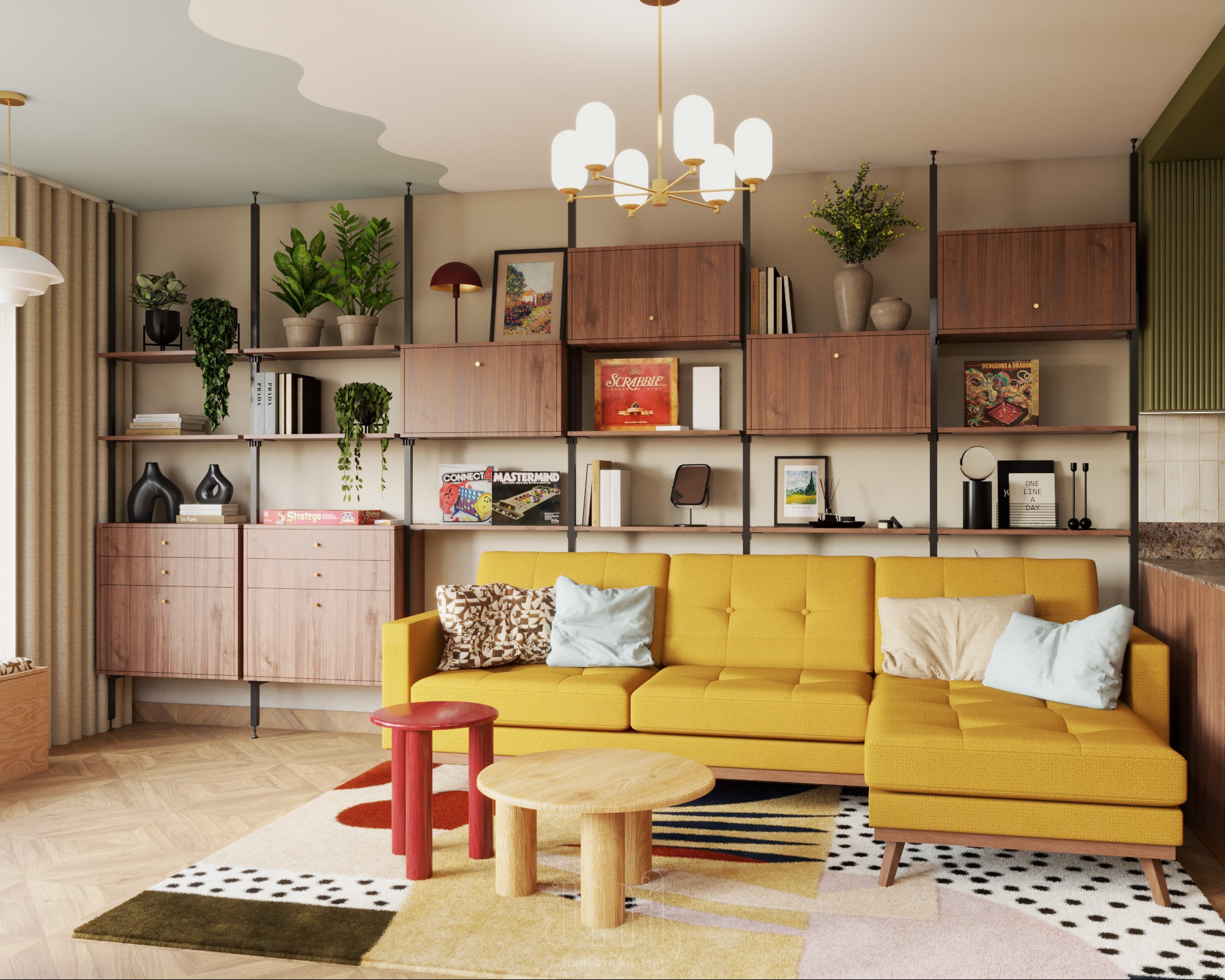 Żółta sofa w salonie z regałem pełnym książek, gier planszowych i dekoracji. Na podłodze wzorzysty dywan i stoliki kawowe. Ciepłe oświetlenie.