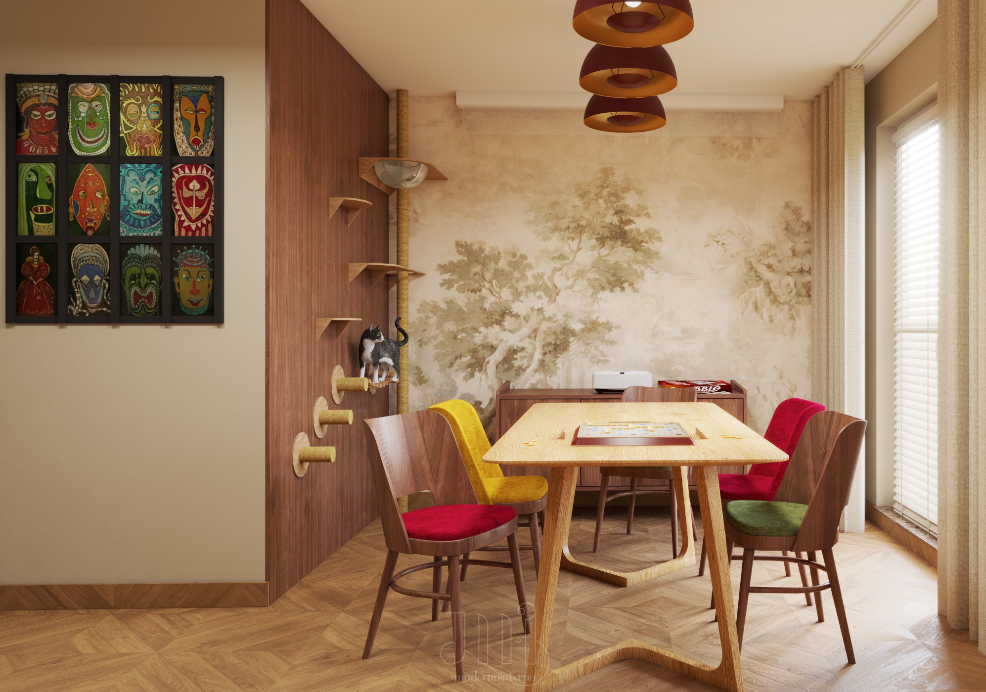 Jasna jadalnia z drewnianym stołem i krzesłami w różnych kolorach. Na ścianie dekoracja z maskami i koci plac zabaw. W tle tapeta z motywem drzew.