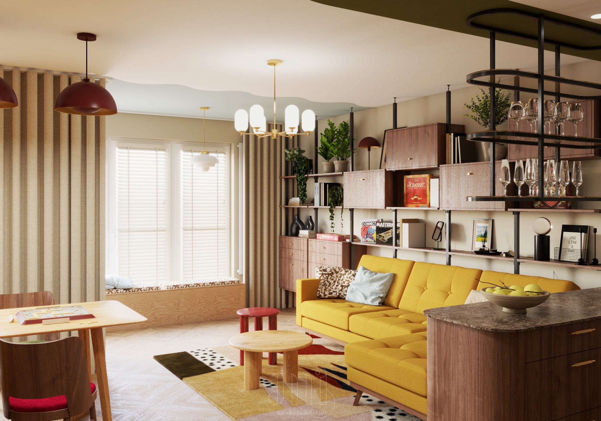 Stylowe wnętrze salonu z żółtą sofą, drewnianymi meblami, oknem z żaluzjami i dekoracyjnym oświetleniem. Nowoczesny design z elementami vintage.