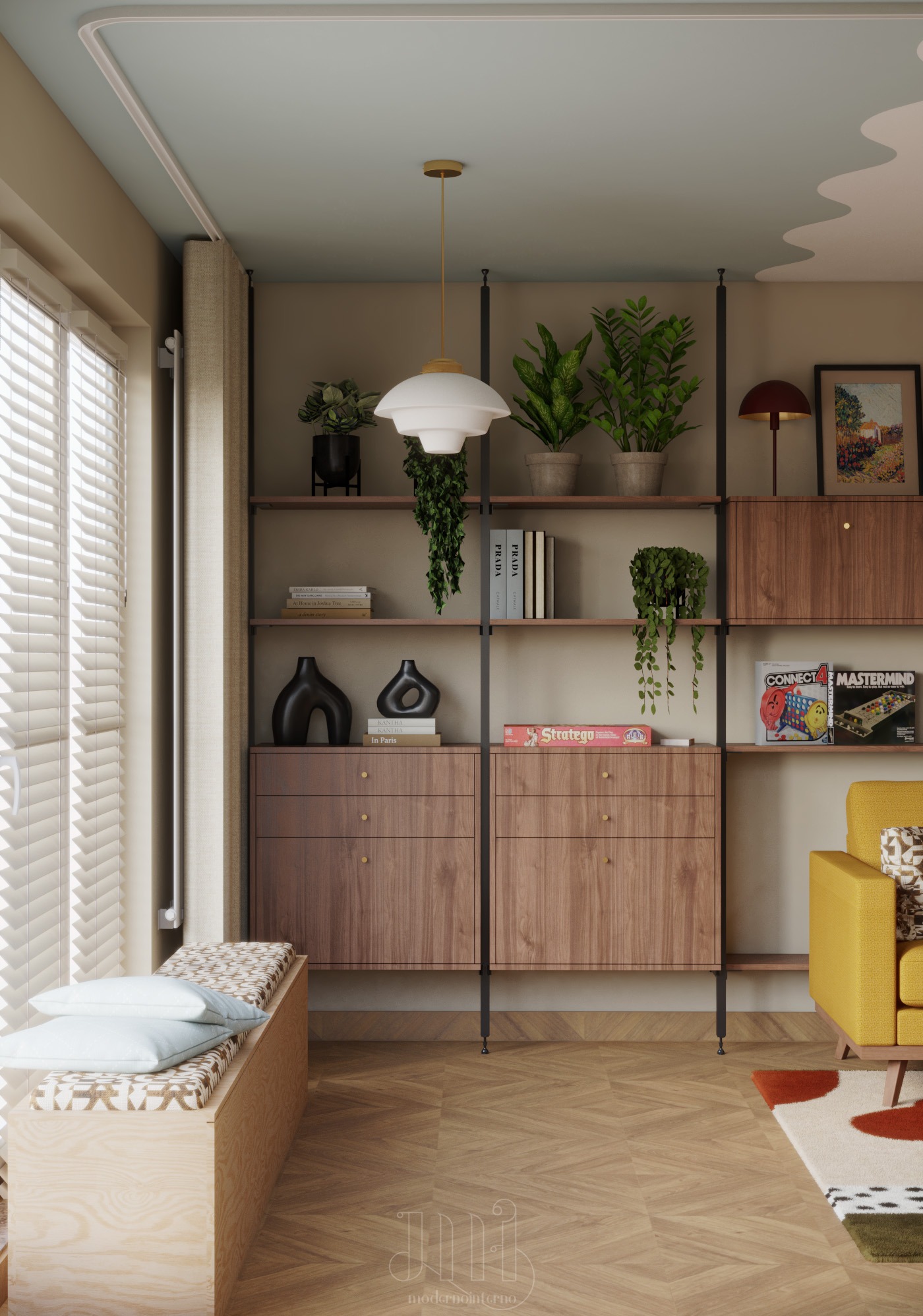 Stylowa aranżacja wnętrza: drewniany regał z szafkami, dekoracje, gry planszowe, żółta sofa i siedzisko przy oknie. Parkiet w jodełkę i designerski sufit.