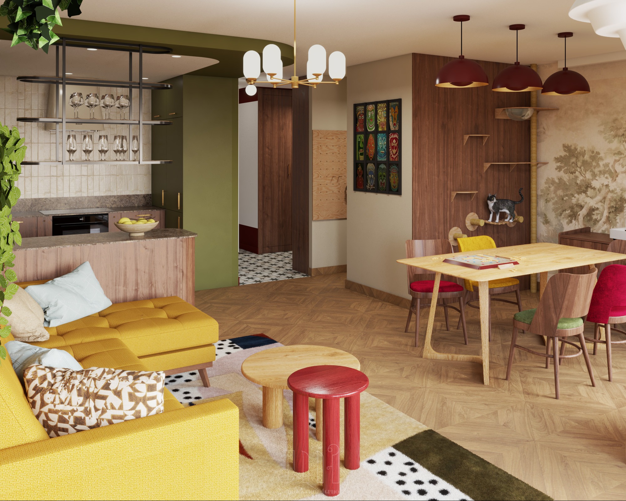 Kolorowe wnętrze: żółta sofa, drewniany stół z krzesłami, kuchnia z barkiem. Elementy dekoracyjne: grafika, lampy, instalacja dla kota. Przytulna aranżacja.