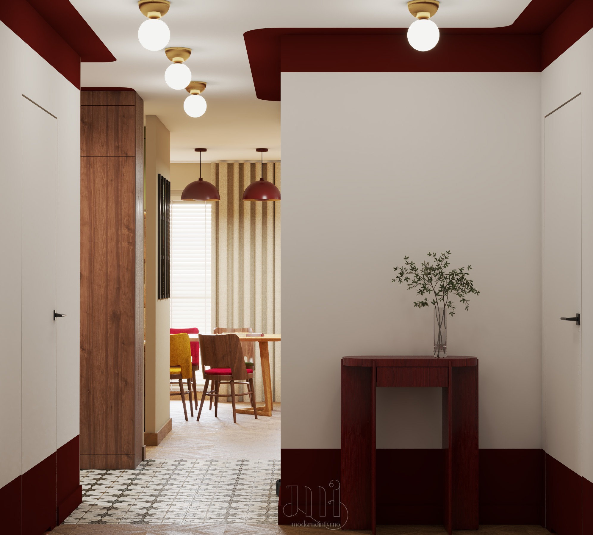 Wnętrze mieszkania z burgundowymi akcentami: listwy sufitowe, dół ścian, konsola. Widoczny fragment jadalni z krzesłami i lampami. Na podłodze wzorzysta posadzka.